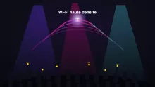 Illustration : arcs de signal Wi-Fi violet-rose-cyan au-dessus d'une foule de festival connectée